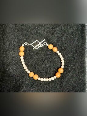 Handmade Orange Aventurine &
Freshwater Pearl 935 Sterling Silver Clasp Bracelet
